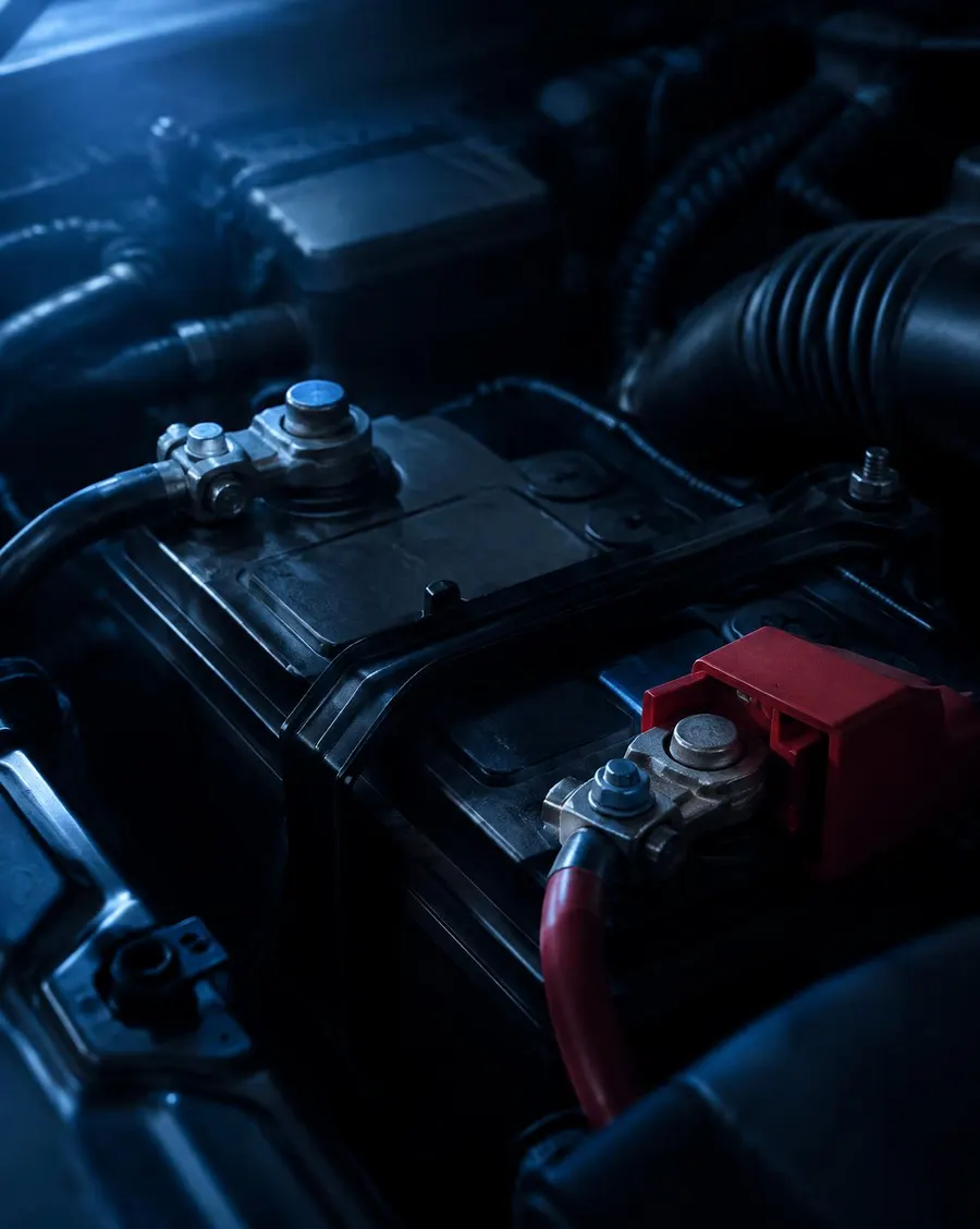 Car battery terminals under the hood