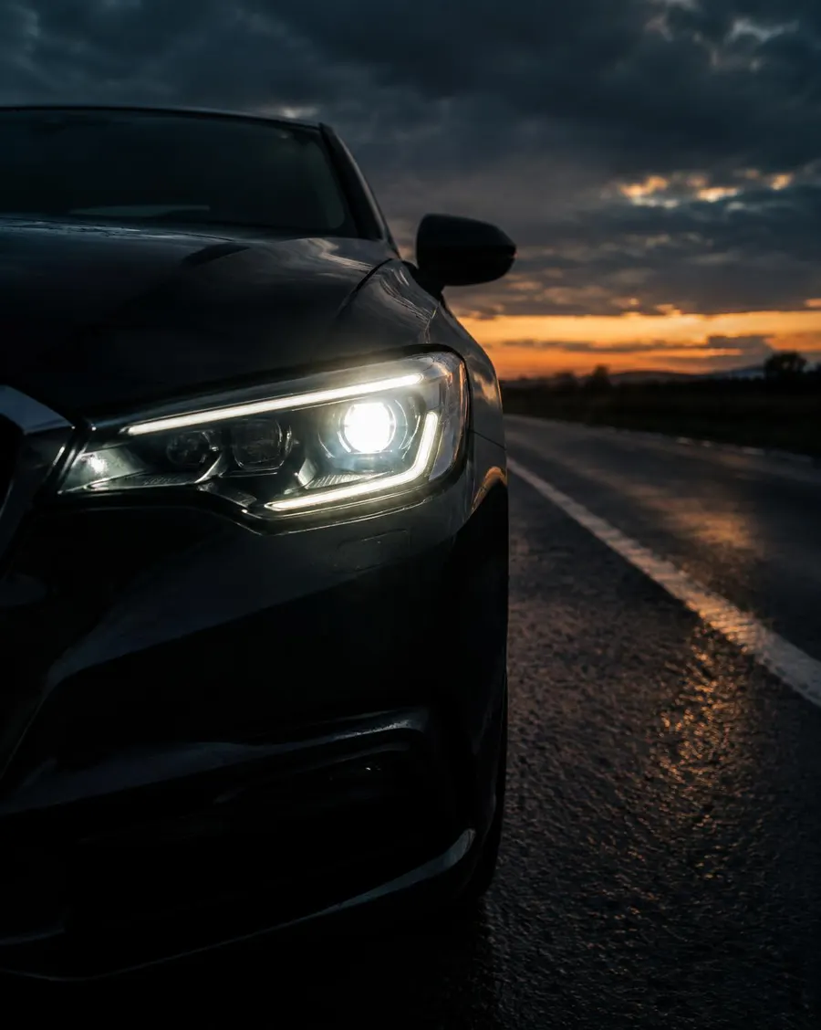Glowing headlight on a dark road