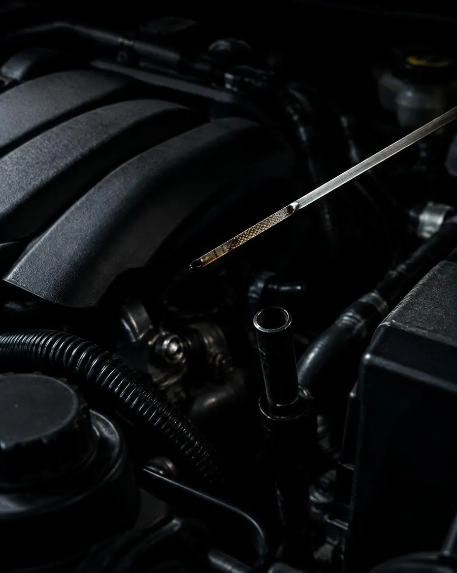 Oil dipstick above an engine