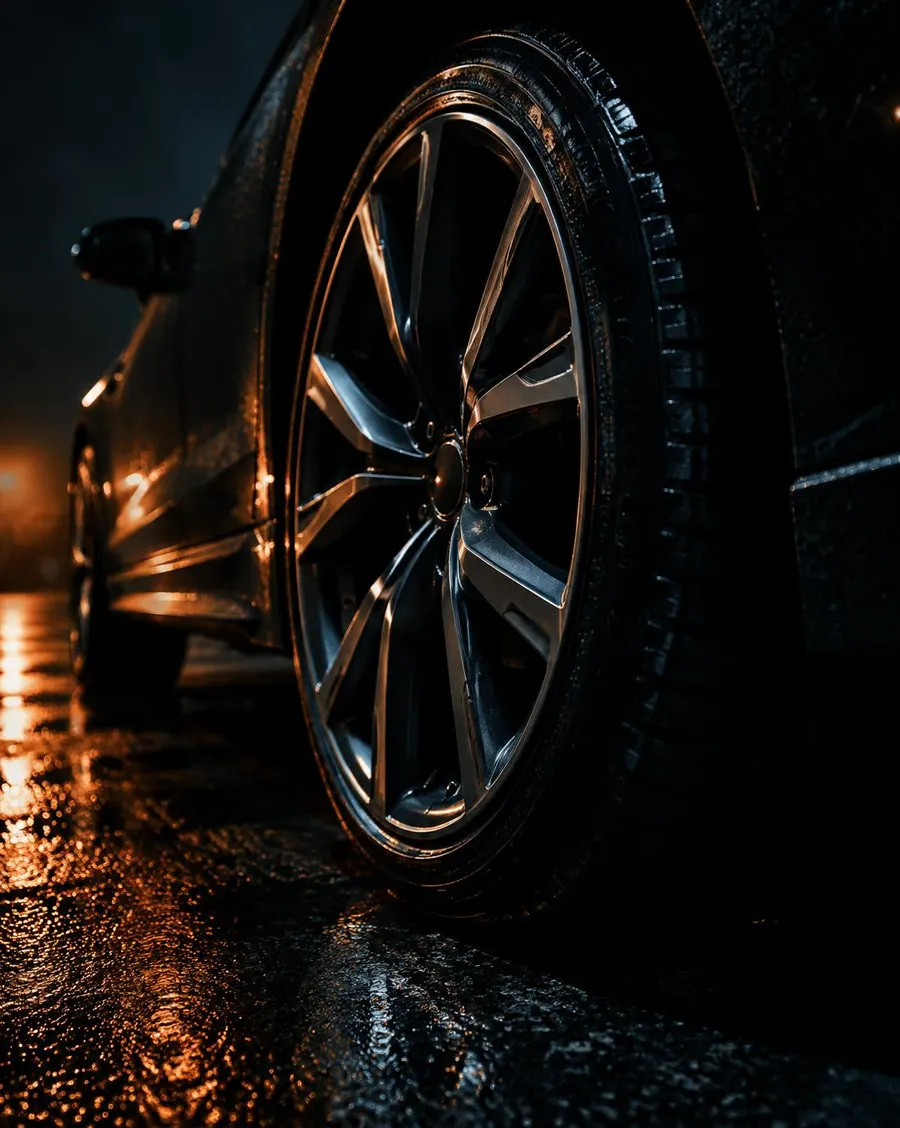 Alloy wheel on wet asphalt at night