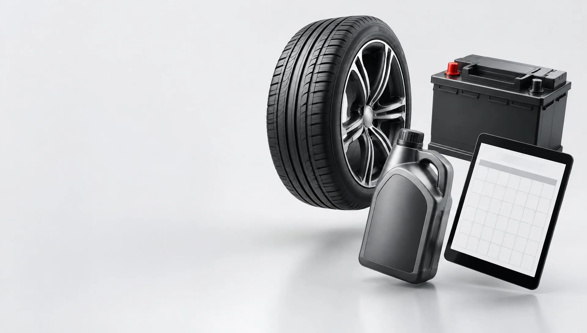 Tire, battery, oil bottle, and tablet calendar